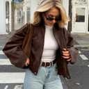 Kissonic Womens Faux Suede Bomber Jacket Oversized Batwing Long Sleeve Zip Up Cropped Coat Streetwear (Brown, Small)