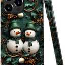 Case Compatible with iPhone 13 Pro Max,Glossy Hybrid 2-Layer Hard Shell,Shockproof Soft for Girl Women,Vintage Christmas Snowman Green Leaf