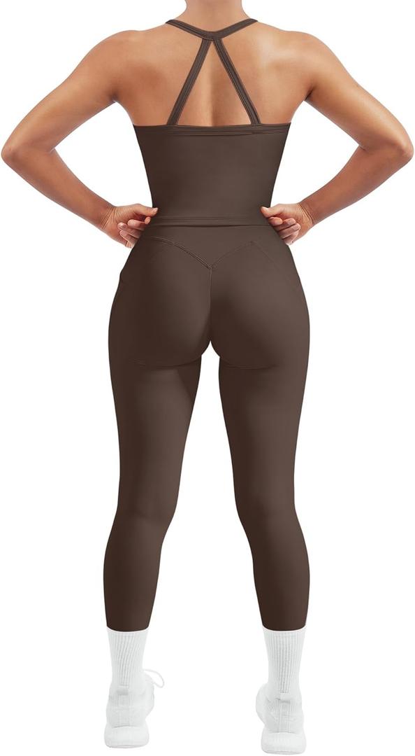 SUUKSESS Women 2 Piece Workout Sets Compression Tummy Control Leggings with Pockets Halter Built in Bra Tank Tops (Large, Brown)