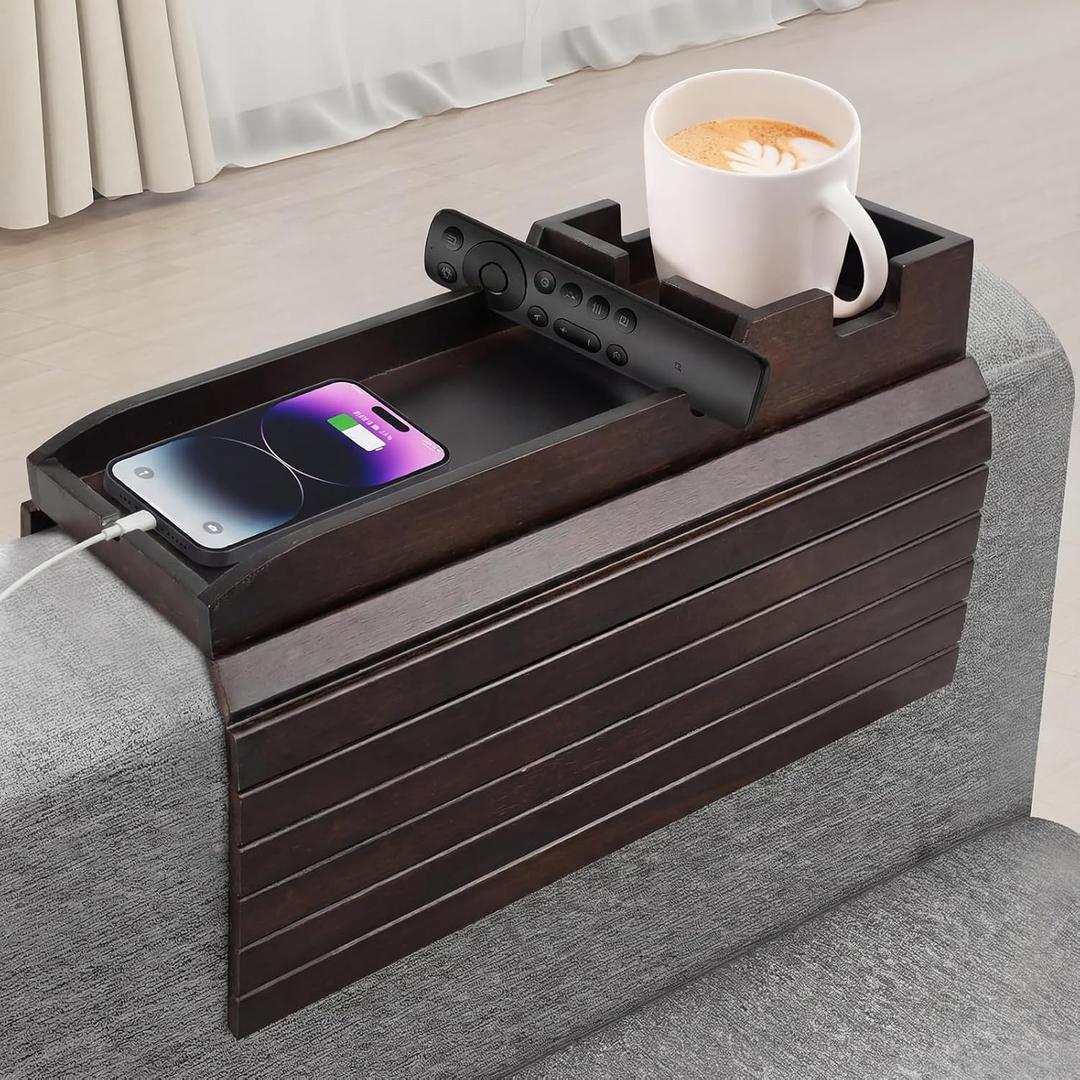 Bamboo Couch Arm Tray with Built-in Cup Holder, Foldable Anti-Slip Sofa Armrest Tray Table Caddy for Drinks, Phone & Remote, Fits 4.716.9 in Armrests, Holds Up to 3.5 in Diameter Cups (Brown)
