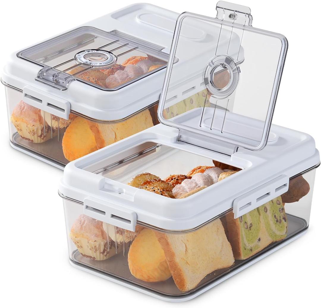 Dynta 2 Pack Bread Box for Kitchen Countertop Airtight Bread Storage Container with Lid Time Recording Plastic Bread Keeper for Homemade Bread, Toast, Loaf and Cookies