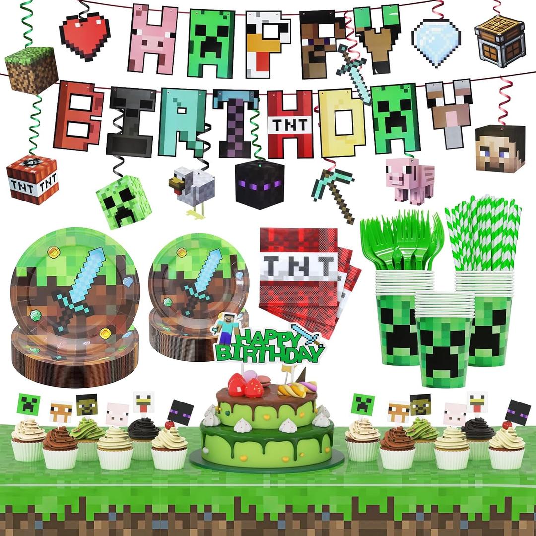 183Pcs Pixel Birthday Party Decorations, Pixel Game Theme Party Supplies Kit, Including Banner, Tablecloth,Hanging Swirls, Plates, Napkins, Cups, Forks, Cake Toppers, Drinking Straws, Serves 24 Guests
