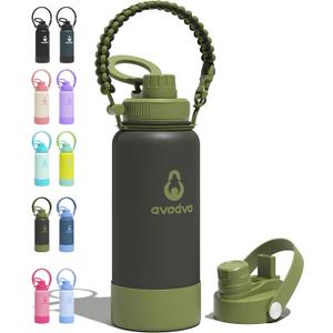 32 oz Insulated Water Bottle with 2 Lids (2-in-1 Straw & Spout Lid, Magnetic Lid), Slim Water Bottle with Strap, Stainless Steel Water Bottle for Hiking, Gym, Travel, BPA-Free, Army Green