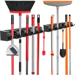 nacena Broom Holder Wall Mount, 2 Packs broom and mop organizer wall hanging broom and mop organizer wall hanging with 5 Ball Slots and 6 Hooks (Black)