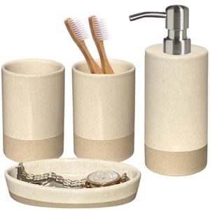 CAAS Bathroom Accessories Set 4, Beige Soap Dispenser for Bathroom, Toothbrush Holder, Tumbler Cup and Soap Dish, New Apartment Essentials, Modern Beige Bathroom Décor (Rustic)