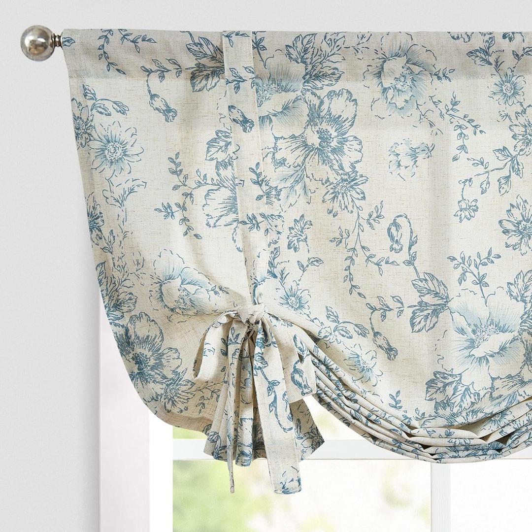 jinchan Tie Up Valance Floral Linen for Windows Farmhouse Valance 54 Inch Peonies Botanical Short Window Treatment Adjustable for Kitchen Living Room Light Filtering 1 Panel Blue on Beige