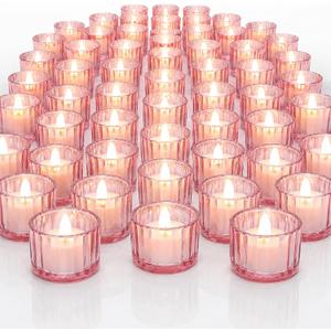Mumufy 50 Pcs Glass Tealight Candle Holder Ribbed Votive Candle Holder for Centerpiece Wedding Proposal Spa Aromatherapy Meditation Home Decor (Pink)