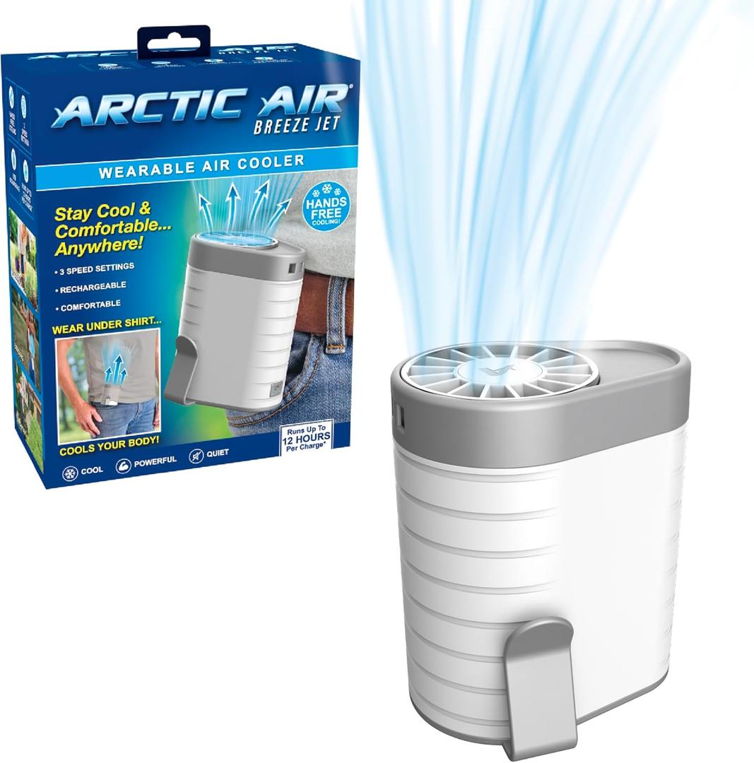Arctic Air Breeze Jet Wearable Air Cooler, 3-Speed Portable Rechargeable Fan, Long-lasting, Lightweight Clip-On Neck & Waist Fan for Travel, Outdoors, Camping, or Indoor Use