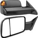 Smoked Power Heated Tow Mirrors Compatible with 2009-2018 Dodge Ram 1500, 2010-2018 2500 3500, 2019-2024 Ram 1500 Classic Flip Up Extended Trailer Towing Side Mirrors with Puddle Light, Black Housing
