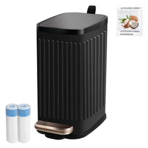 Small Dog Poop Trash Can Outside Soft Close Odor Filter&Step Pedal, 5L/1.3 Gal Stainless Steel Black Bathroom Garbage Can with Lid Inner Bucket,Slim Metal Waste Basket- Bedroom Office Cat Poop