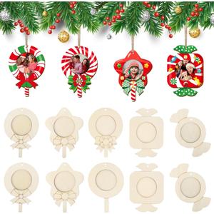 COCHIE Wooden Christmas Photo Ornaments Crafts to Paint for Christmas Tree Decorations, Color Your Own Xmas Picture Frame Hanging Ornament Craft for Painting Set of 10 (Peppermint Lollipops)
