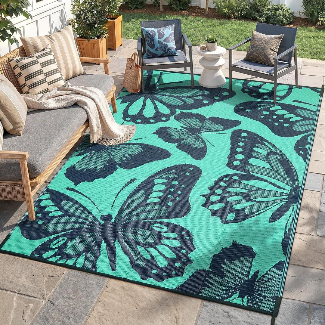 Wonnitar Outdoor Rug 6x9, Waterproof Patios Rug Reversible Plastic Straw Rug, Large Outside Area Rug, Portable Camper RV Mat, Indoor Outdoor Carpet for Picnic Balcony Backyard Porch Deck, Green