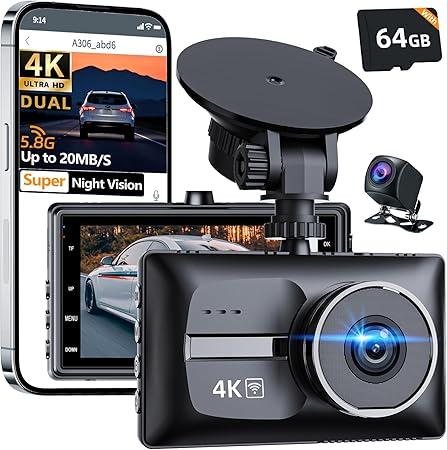 4K Car Cameras Dash Cam Front and Rear, 4K+1080P Dual Dash Camera for Cars with 64GB Card, 170°Wide Angle Mini Car Camera, 3” IPS Screen, WDR Night Vision, G-Sensor, Parking Mode
