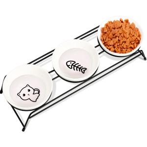 3 Cat Food Bowls Ceramic 13 oz Upgraded with Stainless Steel Stand Non-Slip and Anti-Rust Elevated Raised Cat Bowls for Food and Water, Pet Dishes Bowl for Indoor Cats and Puppy, Dishwasher Safe