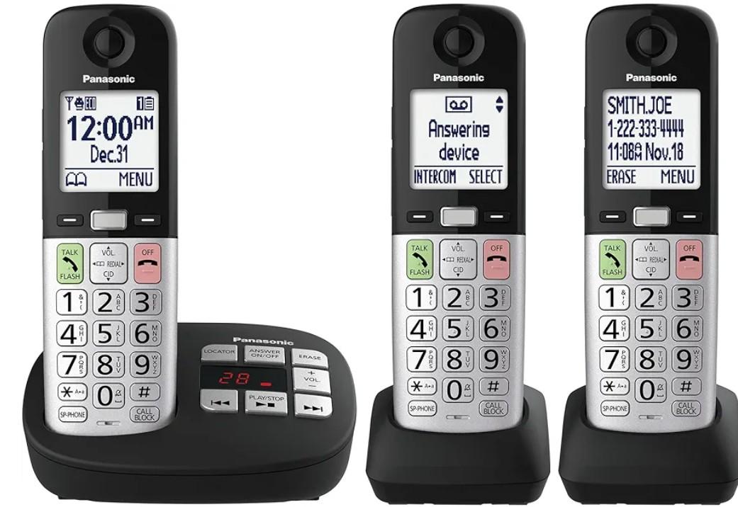 Panasonic Cordless Phone, Easy to Use with Large Display & Big Buttons, Flashing Favorites Key, Flashlight, Call Block, Volume Boost, Talking Caller ID, House Phones, 3 Handsets  KXTGU433B