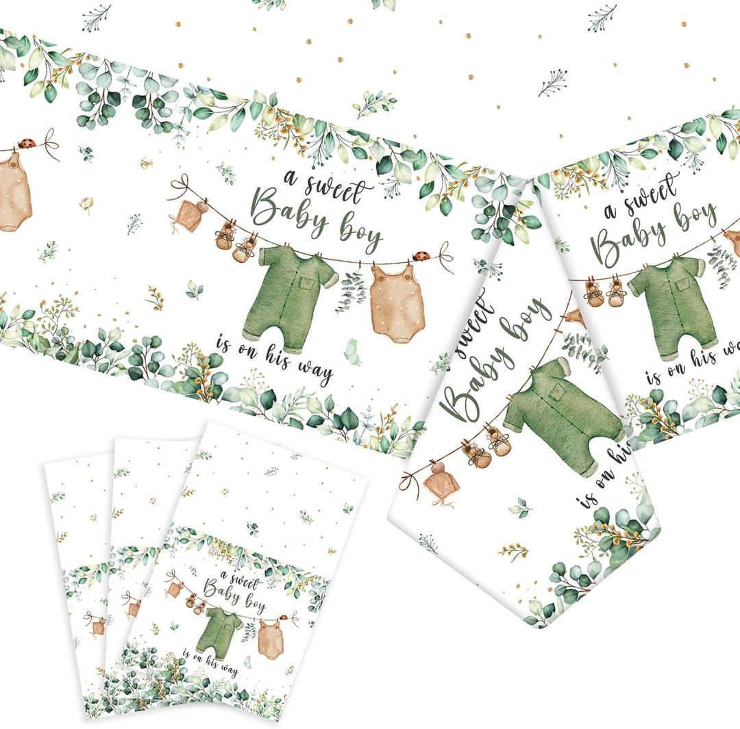 3PCS Greenery Gender Reveal Baby Shower Tablecloth, Boho Greenery A Sweet Baby Boy is On His Way Party Supplies TableCover for Gender Reveal Party, 54 x 108INCH (Green)