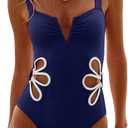seamoly One Piece Swimsuit Women Slimming Floral Cut Out Color Block Bathing Suit Ruched Cheeky 1 Piece Swimwear (Blue, M)
