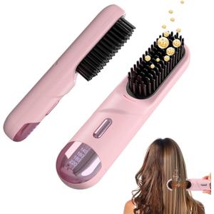 Go Brush Pro for Short Hair 2026 Hair Straightener Brush 300M Negative Ions,Portable Cordless Straightening Comb for Women,Fast Heating 4 Temps for Frizz-Free Smooth Hair Travel Gift Light Pink