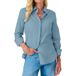 Button Down Shirts for Women Dress Shirt Long Sleeve Wrinkle Free Collared Blouse Work Business Office Solid Tops (Blue, L)