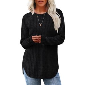 Saloogoe Long Sleeve Shirts for Women 2025 Fall Clothes Tunic Tops Loose Fit Dressy Crewneck Pullover Sweaters Curved Hem (Medium, Black)