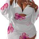 OYOANGLE Women's Plus Size 4 Piece Floral Bikini Swimsuit with Cover Up Triangle Halter Bathing Suits (White, XL)