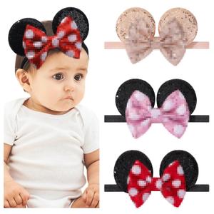choicbaby 3 PCS Round Ears Hair Clips Sequin Bow Nylon Hairband with Polka Dot Cute Baby Ears Headbands Soft Hairbands Hair Accessories for Newborn Infant Toddler Party Supplies