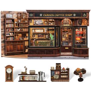 CUTEBEE Book Nook Kit - DIY Miniature House Coffee Shop Dollhouse Kit for Adults, Booknook Tiny House Bookshelf Decor 3D Wooden Puzzle, Gifts for Family, Friends (Corner Coffee Shop)