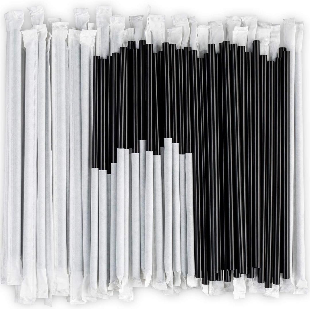 DuraHome Plastic Straws Individually Wrapped BPA Free Restaurant Style Disposable Straw (10.25" Long Straws, Black)