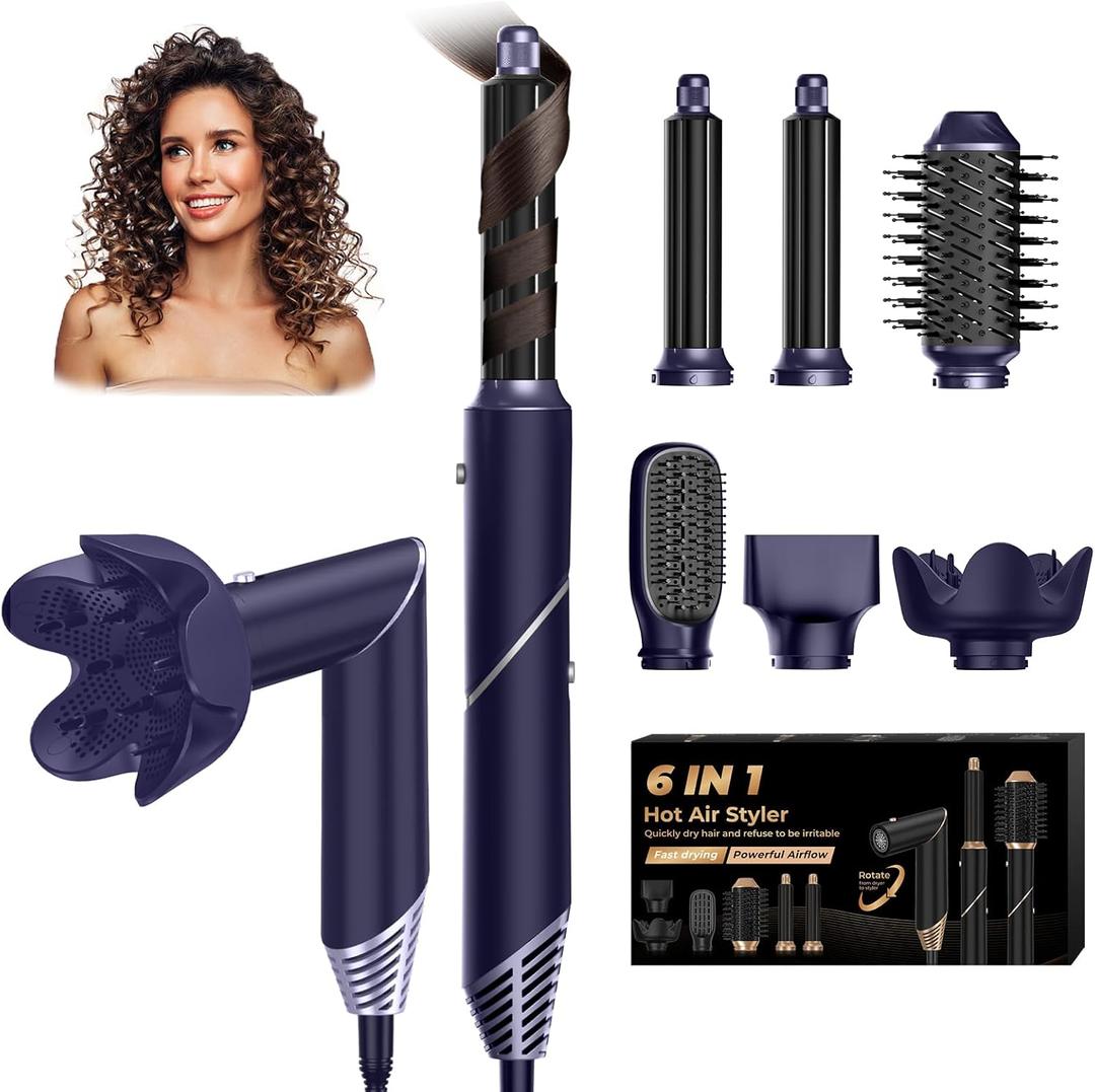 6 in 1 Hair Dryer Brush, Foldable Blow Dryer Brush with Wrap Curler, Detachable Air Hair Styler Curling, Drying,Volumizing, Straightening, Negative Ionic Hair Dryer with Diffuser, Hair Styling Tools (Blue)