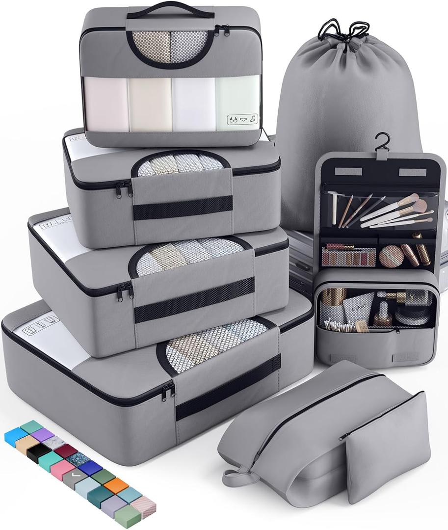 Veken 8 Set Packing Cubes for Travel Essentials, Suitcase Organizer Bags in 4 Sizes, Carry-On Luggage Accessories with Large Laundry & Hanging Toiletry Bag, Must-Have for Airplane, Road Trip & Camping (Dove Gray)
