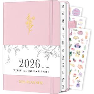Planner 2026, Weekly and Monthly Planner with Tabs from Jan 2026 - Dec 2026, A5 Hardcover Academic Calendar with Date for School & Office Schedule, 5.8" x 8.3", Pink