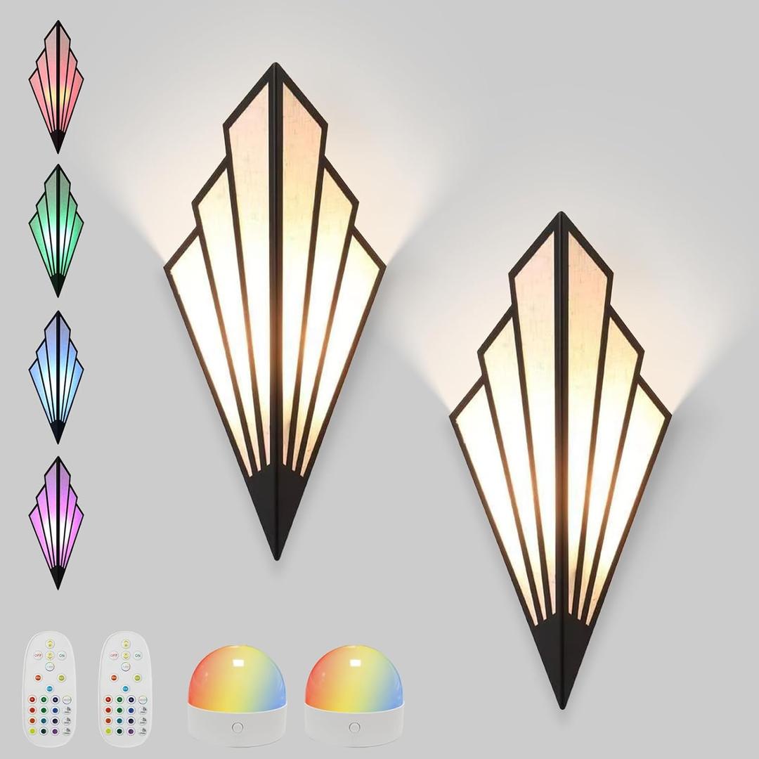 Modern Battery Operated Wall Sconces Set of Two, Simple Creative Wall Lamp Art Deco Lighting Fixture with Remote Control, RGB Dimmable Led Wall Light for Bedside Bedroom Living Room (Black)