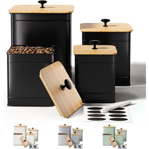 Kitchen Canisters for Countertop Set of 4 with Customizable Chalkboard Labels & Marker Pen - Big Iron Kitchen Canisters with Airtight Lids - Black Canister Set - Flour and Sugar Containers Farmhouse