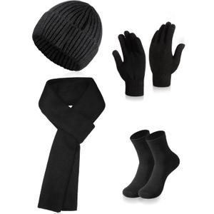 Tarpop Men's Beanie Hat Winter 5 Pieces Skull Knit Cap Neck Warmer Scarf Touchscreen Gloves Set Socks for Men (Black)