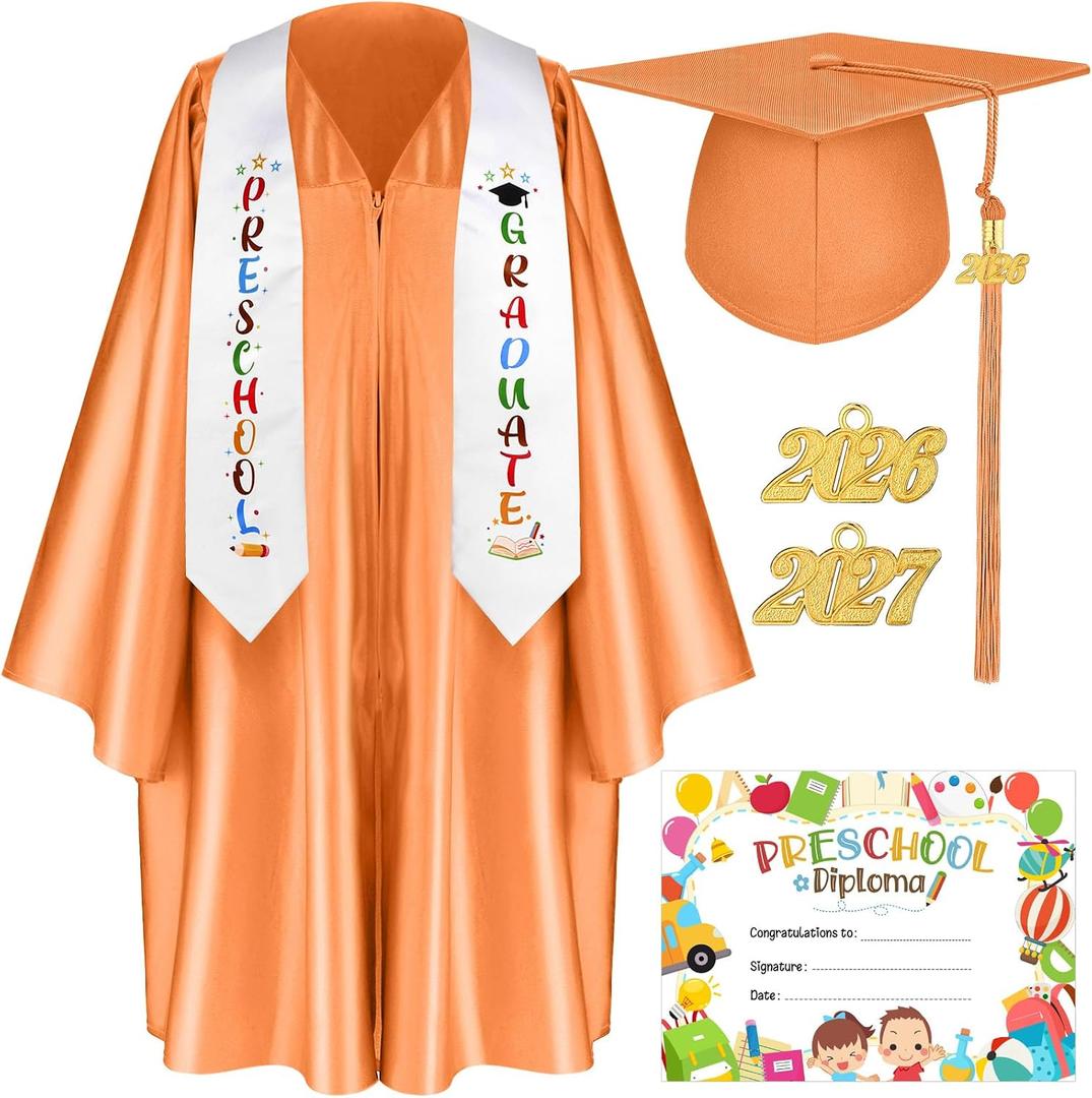 Sureio 6 Pcs Kindergarten Preschool Graduation Cap and Gown 2026 Tassel Stole Certificate for Toddler Kids (Orange)