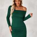 luvamia One Shoulder Dresses for Women Bodycon Long Sleeve Ruched Cocktail Party Date Night Short Dress Special Occasion (Green, S)