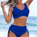Fanuerg Women's Twist Front High Waisted Bikini Swimsuit Drawstring Tie Side Bottom Two Piece Bathing Suit (Blue, M)