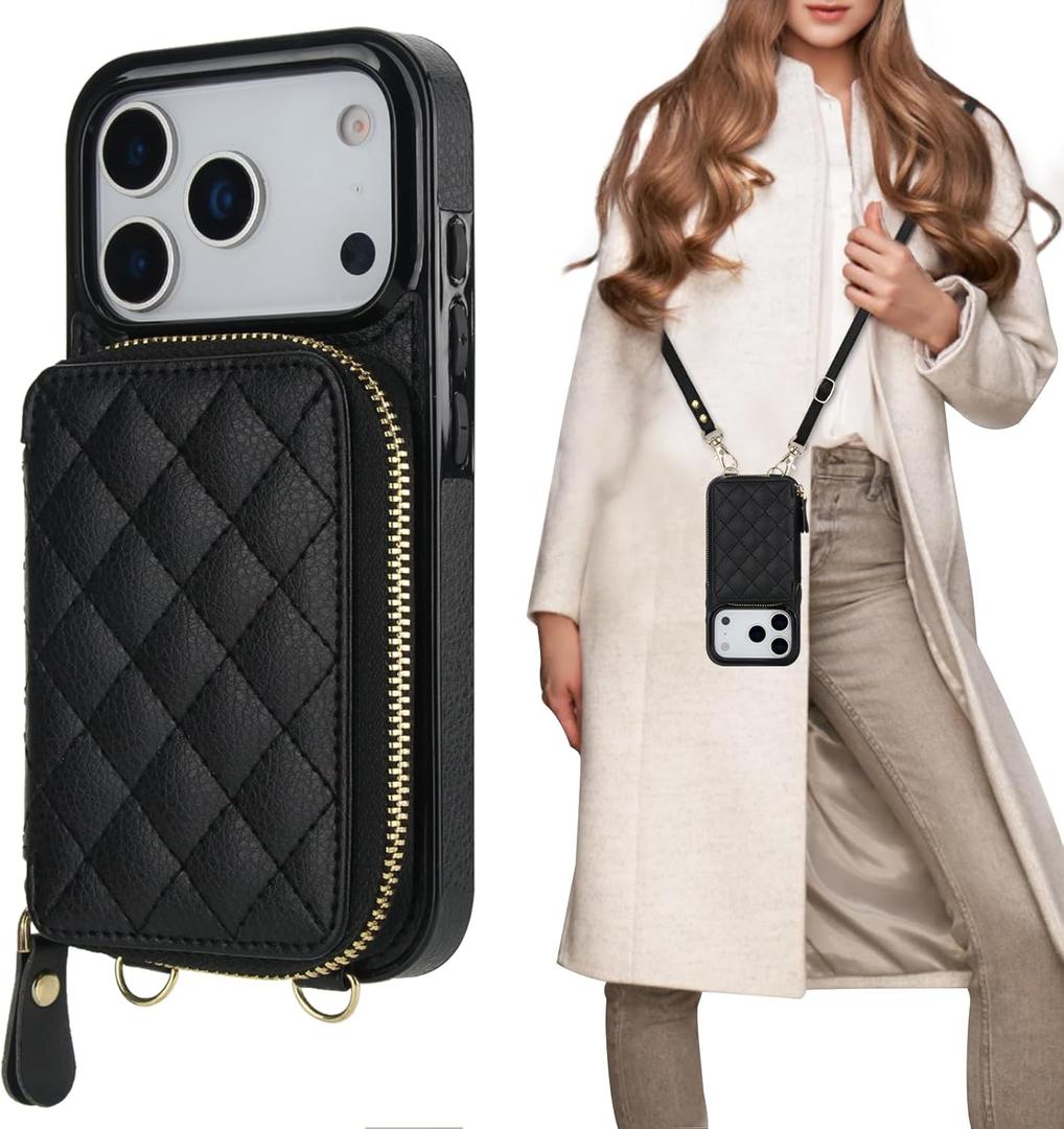 Bocasal Crossbody Wallet Case for iPhone 17 Pro, RFID Blocking PU Leather Zipper Handbag Purse Flip Cover, Kickstand Folio Case with Card Slots Holder Wrist Strap Lanyard 5G 6.3 Inch (Black)