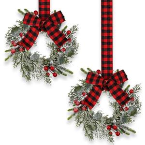 Syhood 2 Pieces 9" Mini Christmas Wreath Mini Cabinet Wreaths for Kitchen Christmas Red Berry with Red and Black Plaid Bow Farmhouse Wreath for Holiday Xmas Party Decorations(Buffalo Plaid Bow)