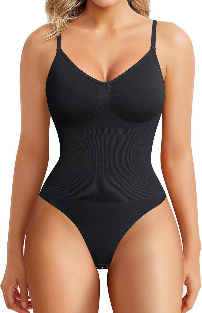 BRABIC Womens' Seamless Sleeveless V-Neck Bodysuit Shapewear Tummy Control (X-Small-Small, Black Thong)