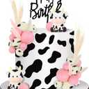Jspupifip 25 PCS Pink Cow Cake Decorations, Birthday Cow Cake Topper with Miniature Figurines, Farm Animal Cake Topper for Baby Shower, Birthday Party, Cow Theme Decorations