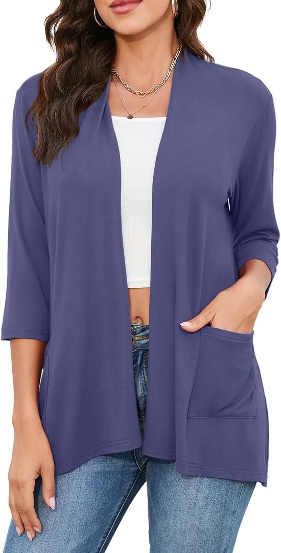 HIYIYEZI Womens Casual Lightweight Cardigans with Pockets 3/4 Sleeve Open Front Dusters (XX-Large)