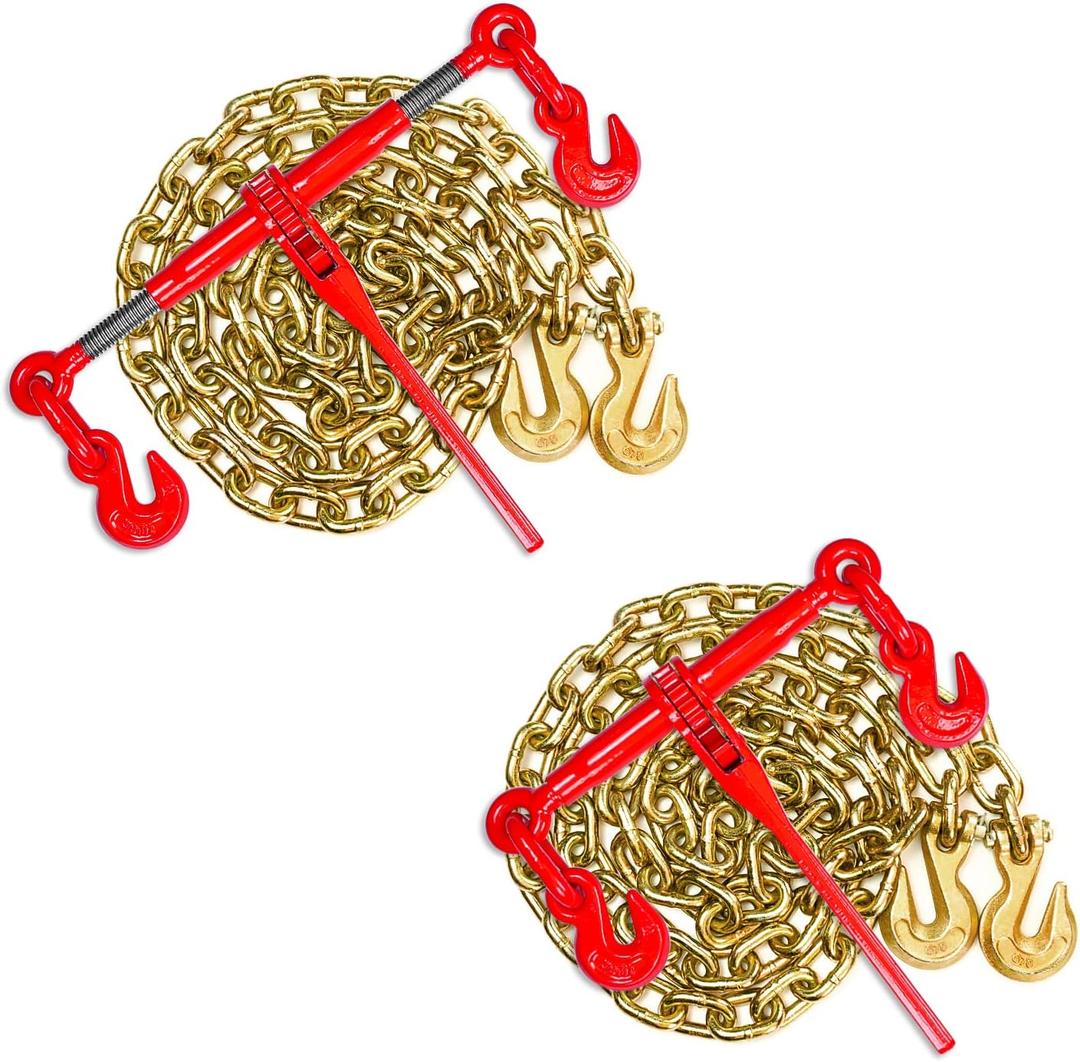 Ratchet Chain Binder 5/16" -3/8" Grade 70 and 5/16"10ft Chains Includes (2) Binders and (2) Chains, Load Binder for Binder Chain with Grappling Hook