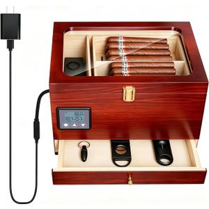 Electric Cigar Humidor Cabinet with Precision Humidity Control & Digital Display | 65-Capacity Double Cedar Shelves, Clear Front & Accessory Drawer, Father's Day Gift for Men Brown