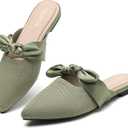Tilocow Knit Mules for Woman Pointed Toe Flats Bow Mules Slip On Slides Flats Shoes Women Dressy Comfortable (8, Green)