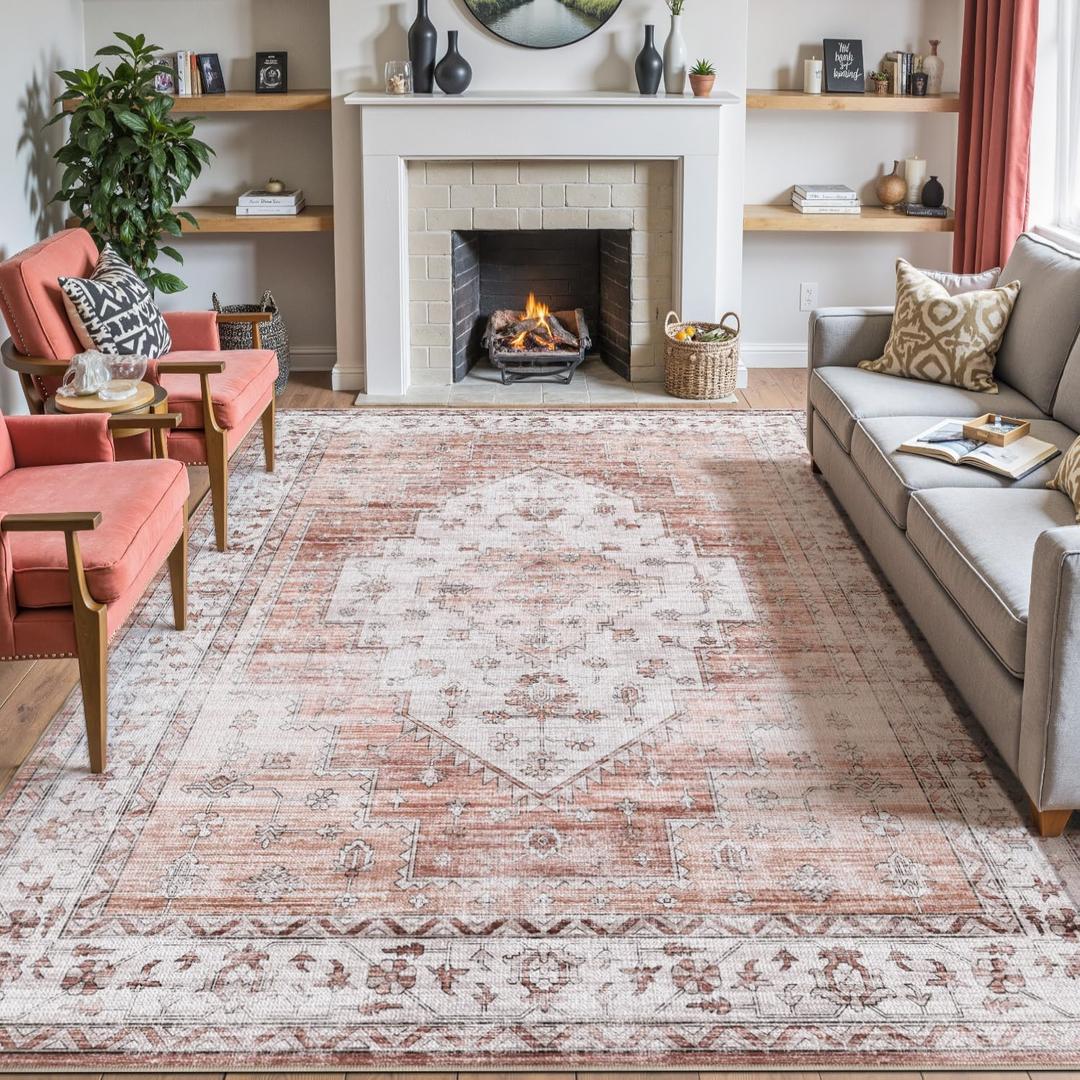 DEXI Area Rugs for Living Room, 4x6 Washable Low Pile Vintage Traditional Rug for Bedroom, Non Slip Indoor Carpet for Dining Office Nursery, Pink White