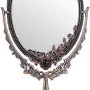 JUXYES Metal Tabletop Antique Decorative Makeup Mirror with Stand, Vintage Swivel Double Sided Cosmetic Mirror with Frame, Retro Desktop Oval Dressing Mirror for Bathroom Bedroom (Red Bronze)