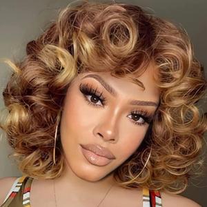 Brown Blonde Short Curly Wigs Human Hair for Black Women with Bangs Heat Resistant for Daily Use Breathable Capless (Ombre Blonde, 14 Inch)