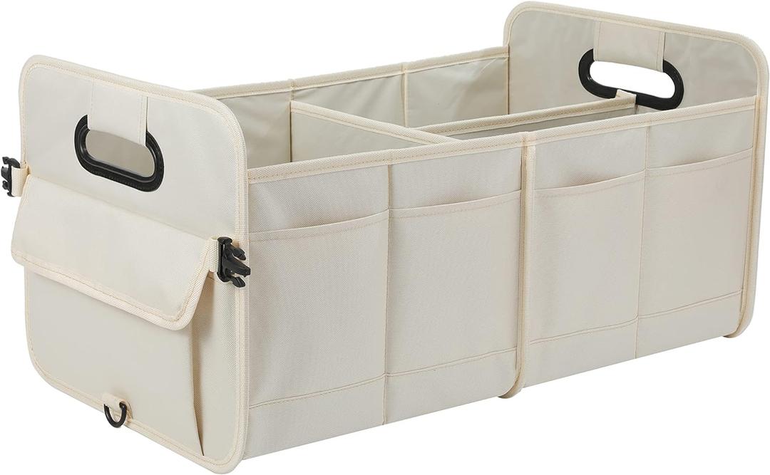 CarTrunkOrganizerCarStorageOrganizerCollapsibleMultiCompartmentCarOrganizerAdjustableStrapsforSUV(Beige)