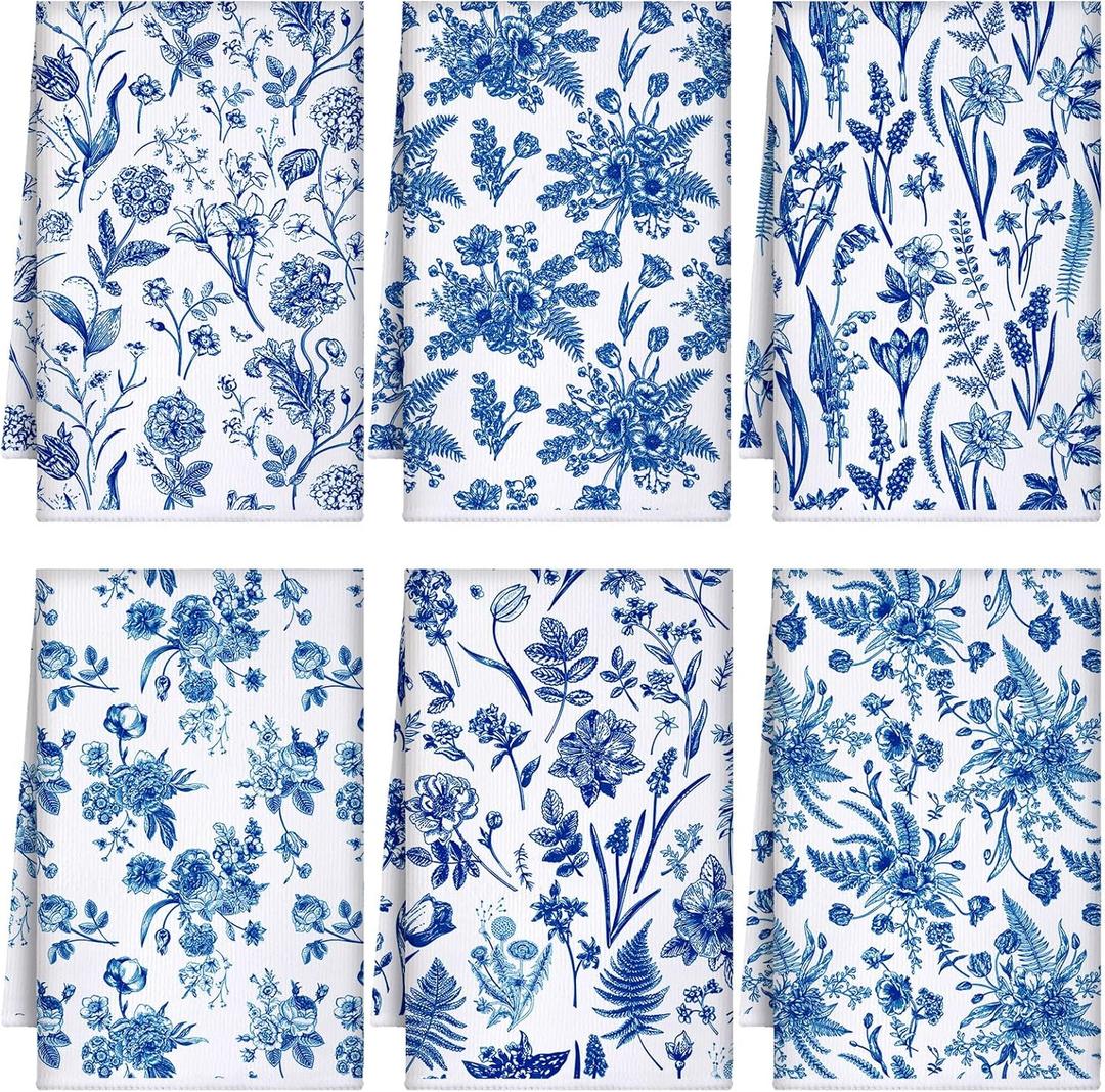 Boyiee 6 Sets Blue and White Kitchen Towels Vintage Wildflower Dish Cloth Absorbent Retro Floral Tea Hand Towels Decorative Set 24 x16 for Farmhouse Kitchen Bathroom Housewarming Gift